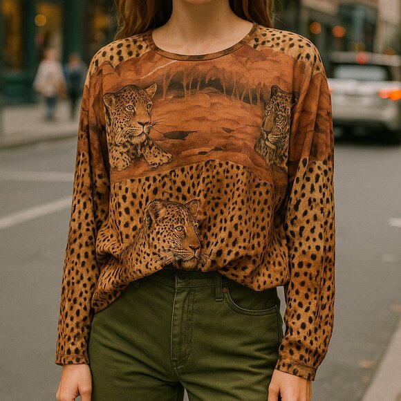 Vintage 80s/90s Casual Studio Leopard Safari Print Blouse, 100% Rayon - Picture 1 of 10